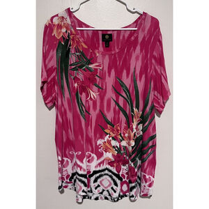 JM Collection Tropical Top Women's 1X Pink Floral Resort Round Hem Tunic Tee